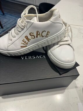 Versace White Kids Sneakers with Gold Logo